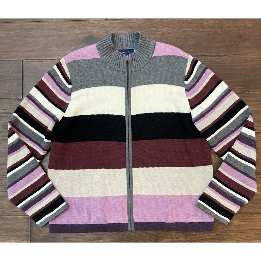 Charter Club Purple Striped Full Zip Sweater Women's L 100 % Cotton‎